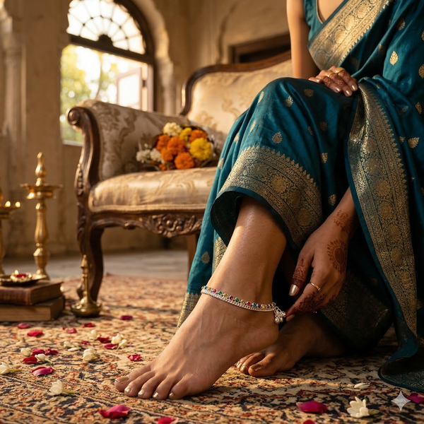 Multicolor Silver Plated Ad Cz Multi-Color Stones Traditional Indian Anklet For Women