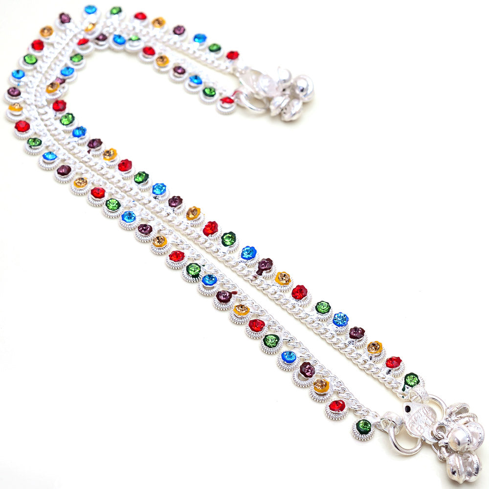 Multicolor Silver Plated Ad Cz Multi-Color Stones Traditional Indian Anklet For Women