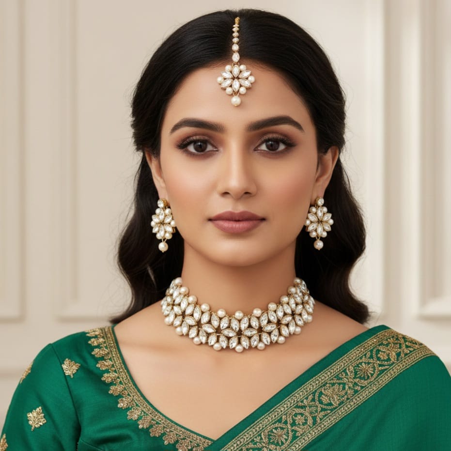 Antique Kundan & Pearl Work Choker With Tika For Women