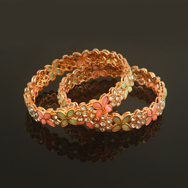 Set Of 2 Rose Gold-Plated AD Stone-Studded Bangles