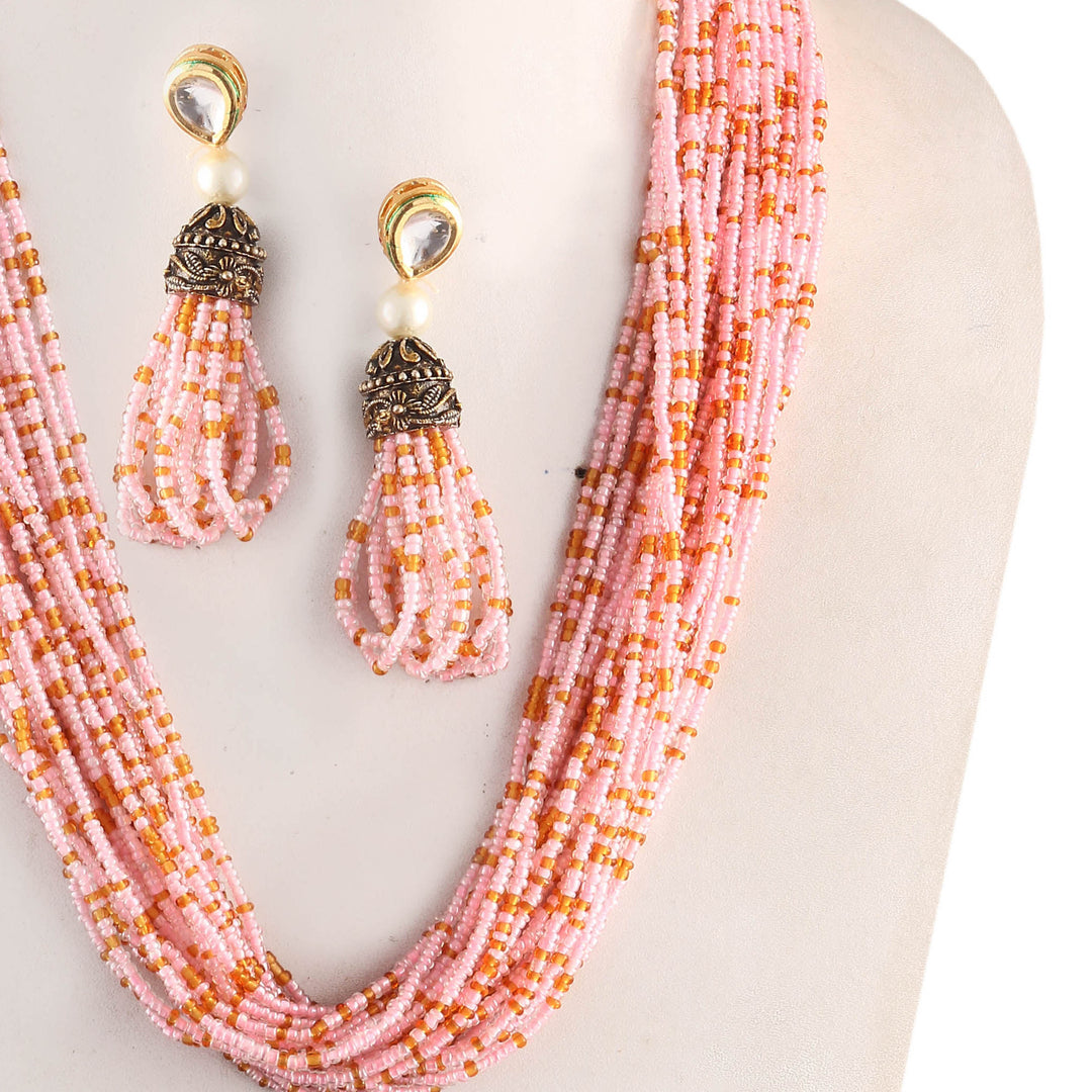 Jewar Mandi Baby Pink Beaded Multi-Layer Necklace and Tassel Earring Set for Women
