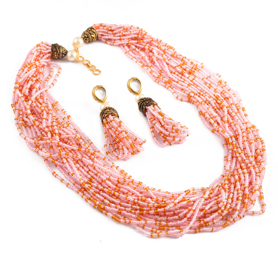 Jewar Mandi Baby Pink Beaded Multi-Layer Necklace and Tassel Earring Set for Women