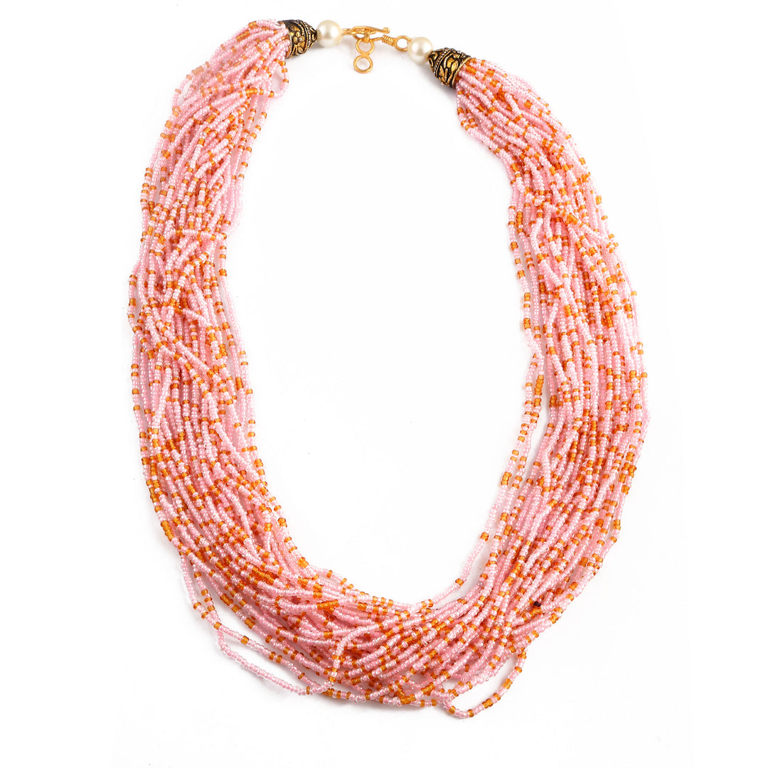 Jewar Mandi Baby Pink Beaded Multi-Layer Necklace and Tassel Earring Set for Women