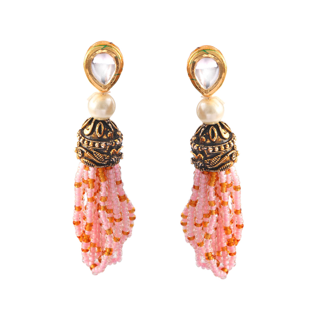 Jewar Mandi Baby Pink Beaded Multi-Layer Necklace and Tassel Earring Set for Women