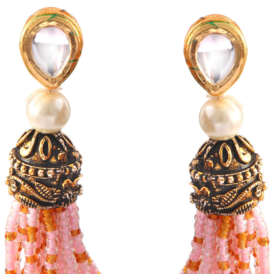 Jewar Mandi Baby Pink Beaded Multi-Layer Necklace and Tassel Earring Set for Women