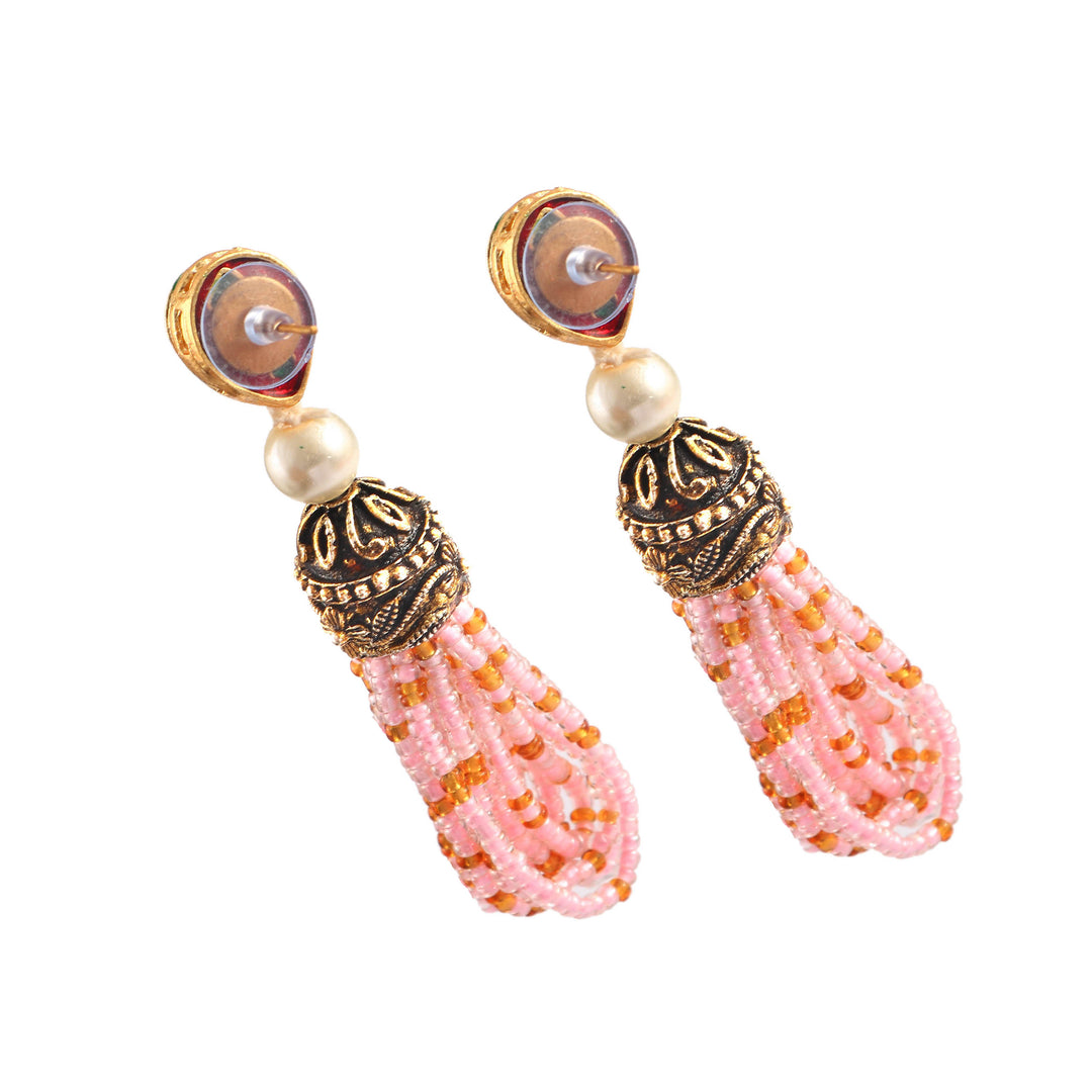 Jewar Mandi Baby Pink Beaded Multi-Layer Necklace and Tassel Earring Set for Women