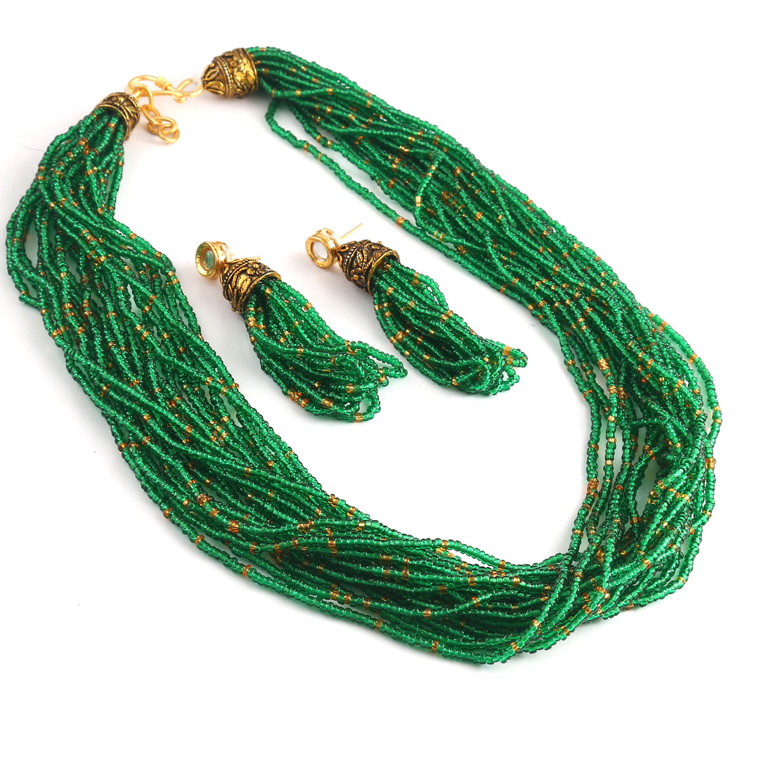 Jewar Mandi Baby Pink Beaded Multi-Layer Necklace and Tassel Earring Set for Women