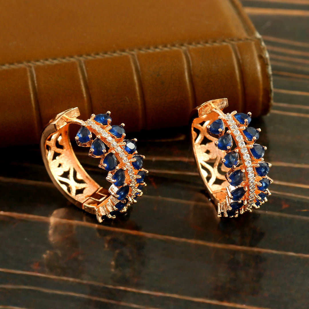 Women's Rose Gold Plated Blue Sapphire & White Crystal Half-Hoop Earrings