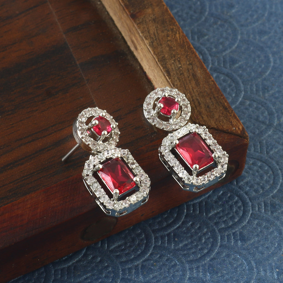 Silver-Plated Cubic Zirconia Studded Square Drop Earrings