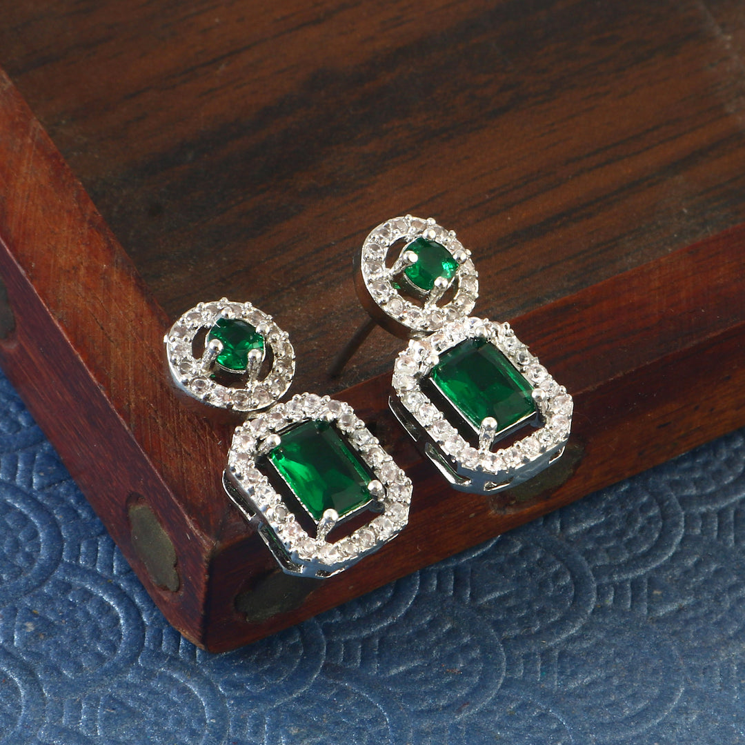 Silver-Plated Cubic Zirconia Studded Square Drop Earrings