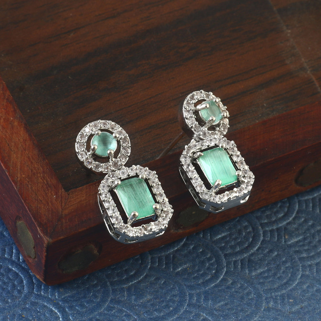 Silver-Plated Cubic Zirconia Studded Square Drop Earrings