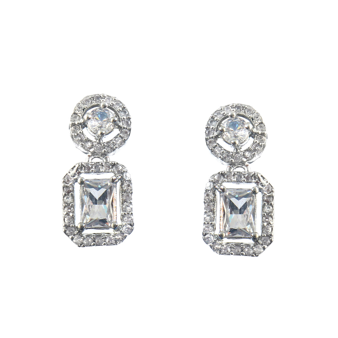 Silver-Plated Cubic Zirconia Studded Square Drop Earrings