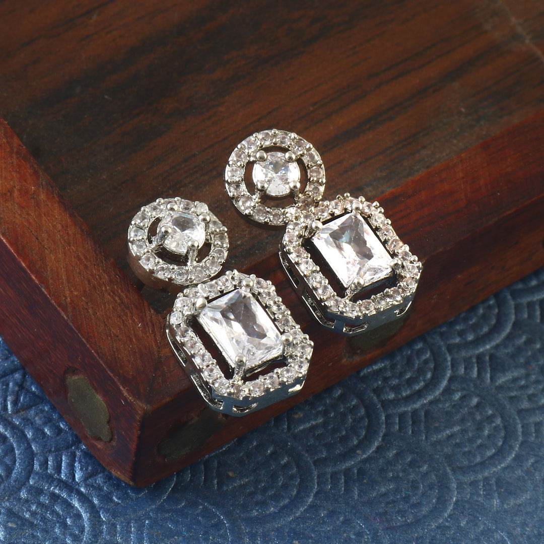 Silver-Plated Cubic Zirconia Studded Square Drop Earrings