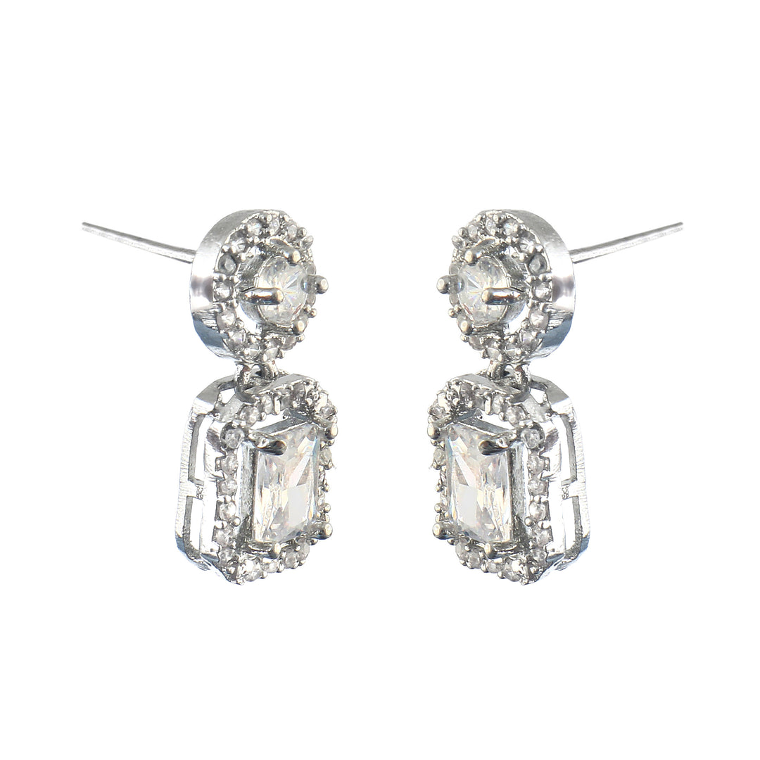 Silver-Plated Cubic Zirconia Studded Square Drop Earrings