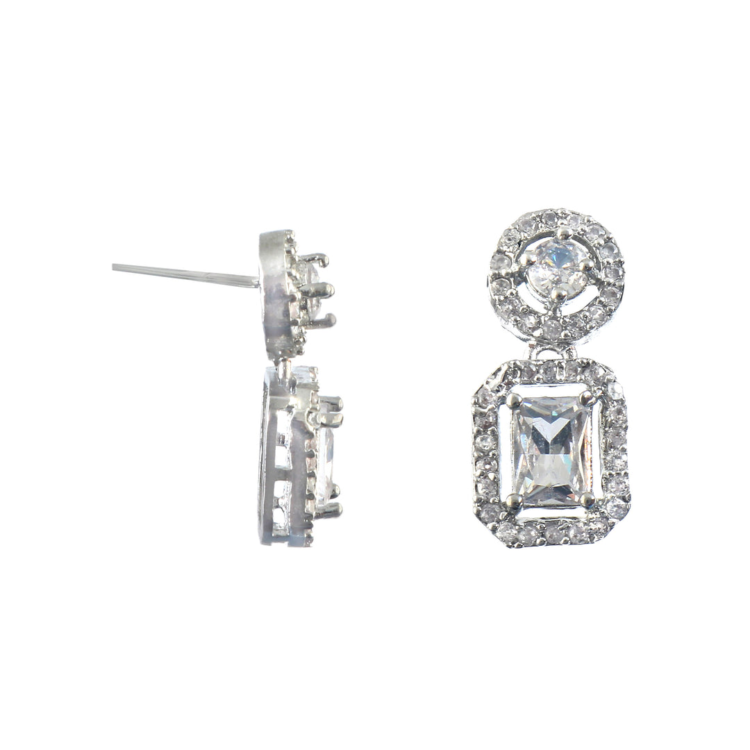 Silver-Plated Cubic Zirconia Studded Square Drop Earrings