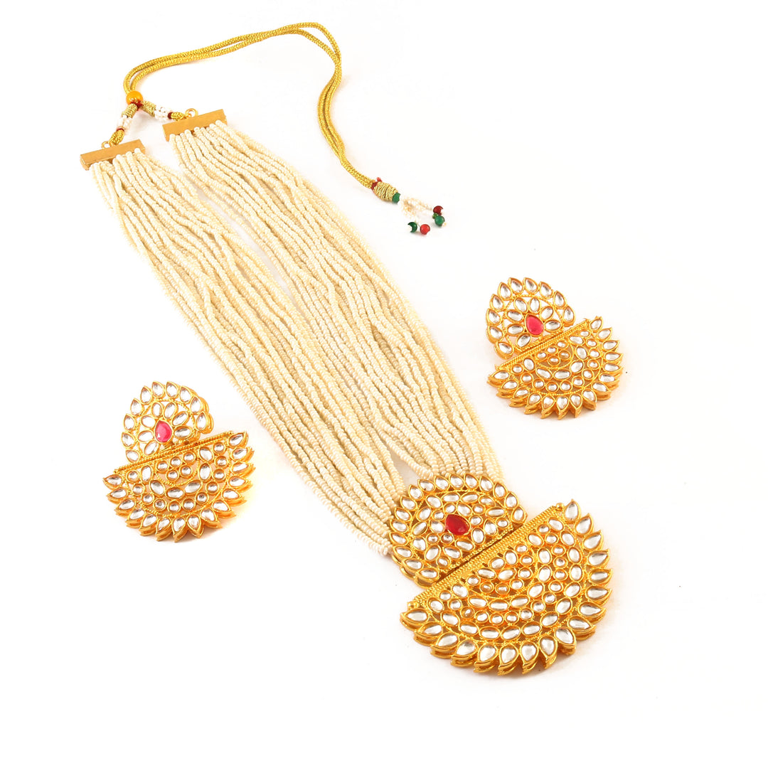 Gold-Plated Kundan Studded & Pearls Beaded Jewellery Set (Red)