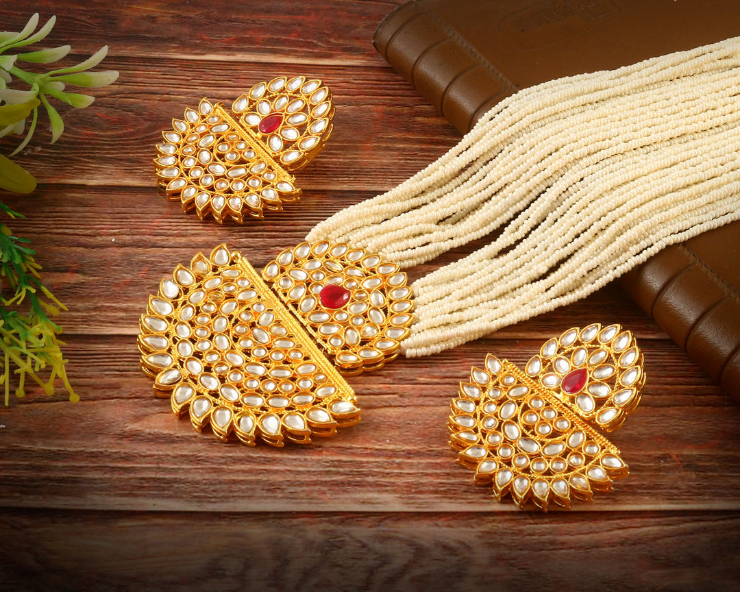 Gold-Plated Kundan Studded & Pearls Beaded Jewellery Set (Red)