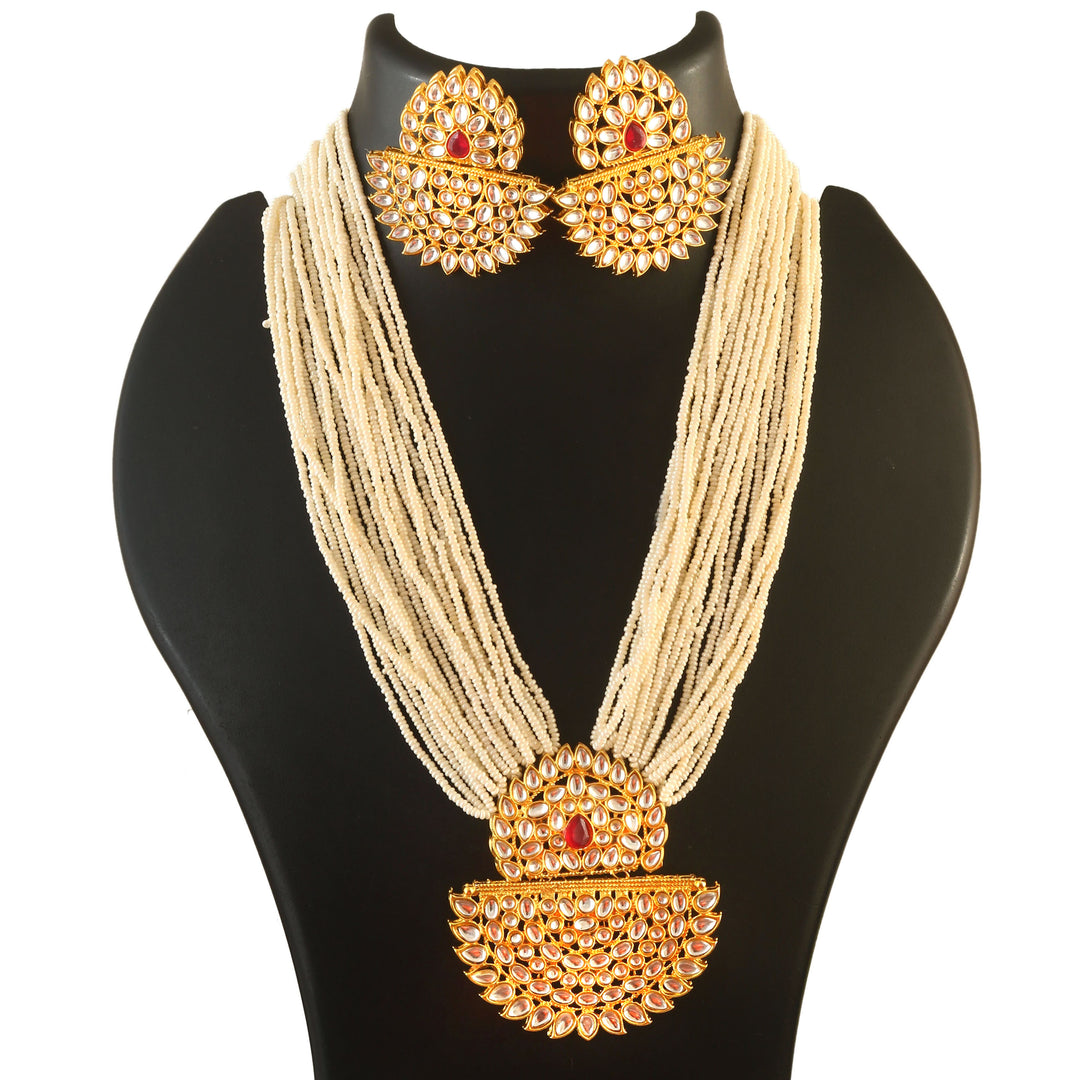 Gold-Plated Kundan Studded & Pearls Beaded Jewellery Set (Red)