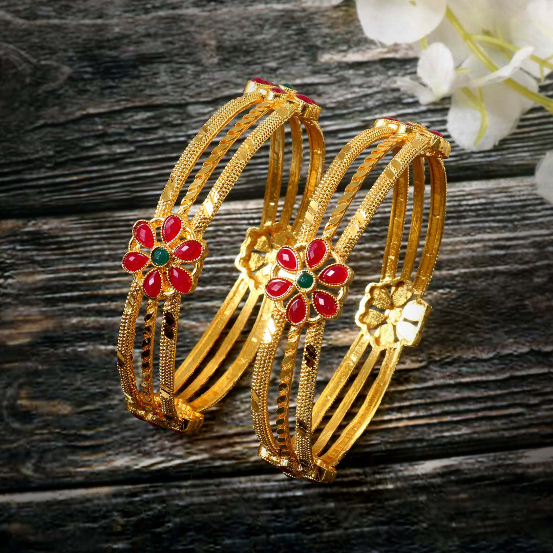 Set of 2 Gold-Plated Stone Studded & Beaded Bangles