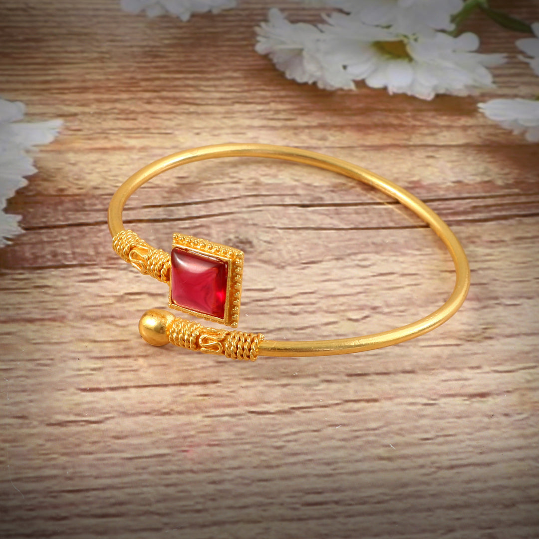Gold-Plated Ruby Red Stone Studded Adjustable Kada Bracelet