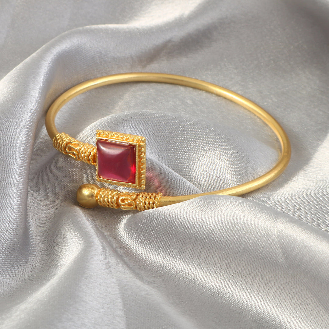 Gold-Plated Ruby Red Stone Studded Adjustable Kada Bracelet