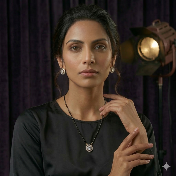 White Black Crystal Beads Two-Tone Silver Gold Plated Mangalsutra With Earrings For Women