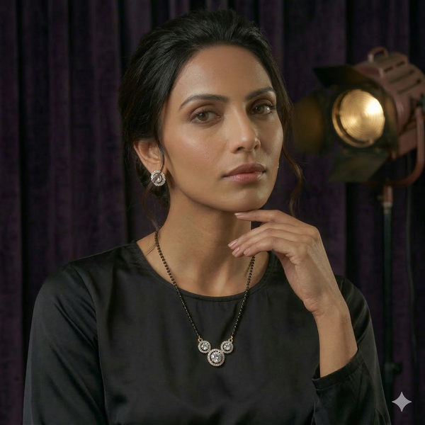 White Black Crystal Beads Two-Tone Silver Gold Plated Mangalsutra With Earrings For Women