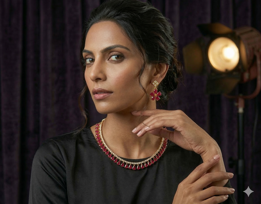 Ruby Red American Diamond Gold Plated Sparkling Cubic Zirconia Crystals Choker With Earrings Jewelry For Women