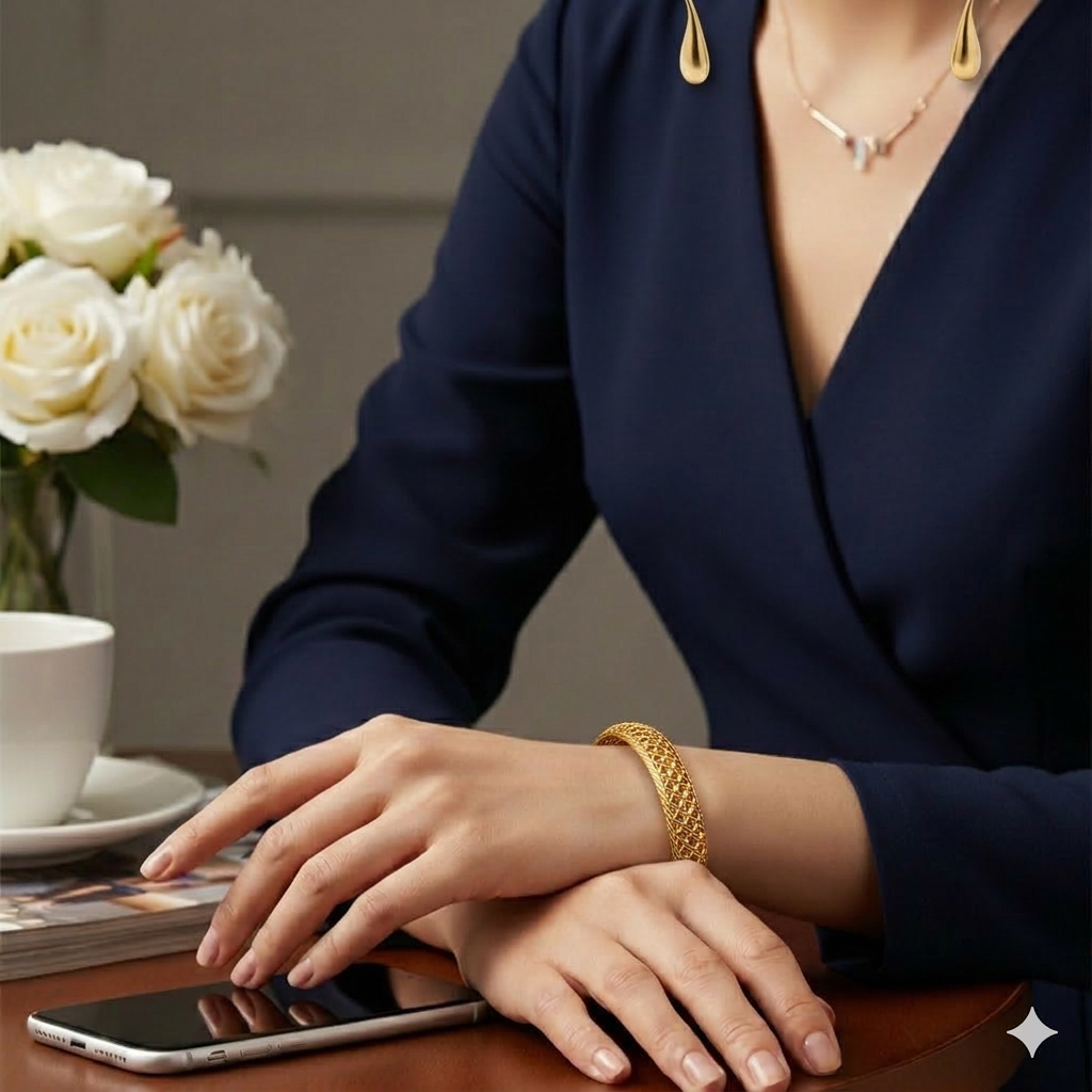 Set of 2 Gold-Plated Net & Etching Textured Bangles